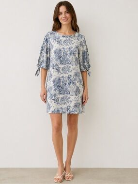 H&M Linen Blend Blue Toile Print Shift Dress Size 8